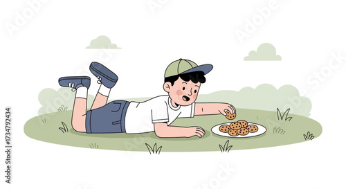 Boy Relaxes Outdoors, Reaching For Cookies From A Plate On The Grass, Enjoying Dessert