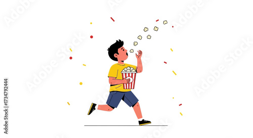 Boy Running With Popcorn, Catching Corn, Happy Movie, Snack Time, Isolated Illustration