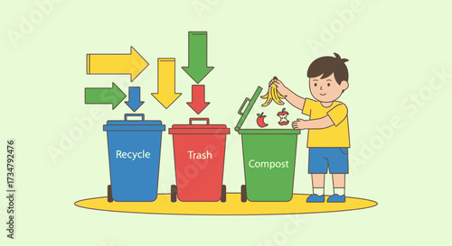 Boy Sorting Waste Into Recycle, Trash, And Compost Bins For Environmental Care