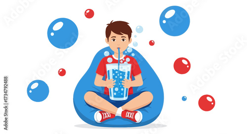 Boy Sips Refreshing Beverage, Relaxing on a Beanbag, Surrounded by Bubbles and Joy