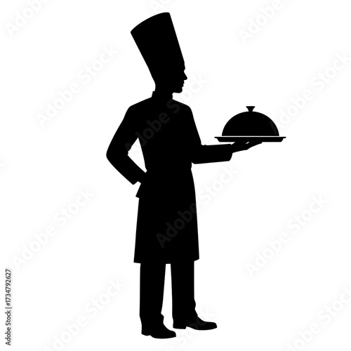 Elegant minimalist silhouette of a culinary professional presenting a covered serving dish, representing fine dining, restaurant service, and gourmet cuisine concepts