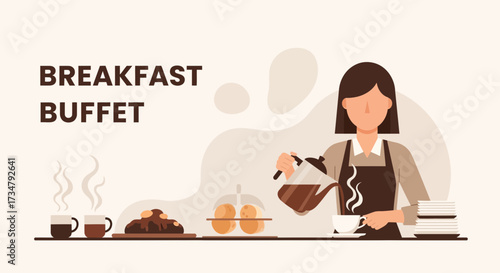 Breakfast Buffet Service: A Woman Pouring Coffee Into A Cup For Hospitality