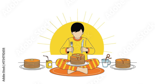 Breakfast Time: Child Ready To Eat Pancakes Against A Sunburst Background