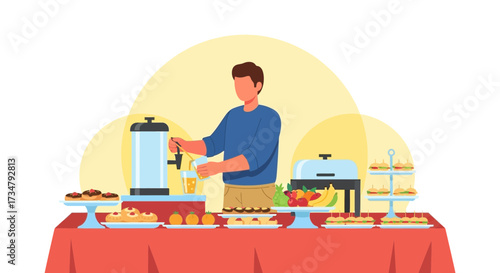 Buffet Service Illustration Depicting Catering, Snacks, Beverage Dispenser, Food Presentation