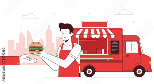 Burger Vendor Offers Freshly Made Sandwich From Food Truck In Cityscape Setting