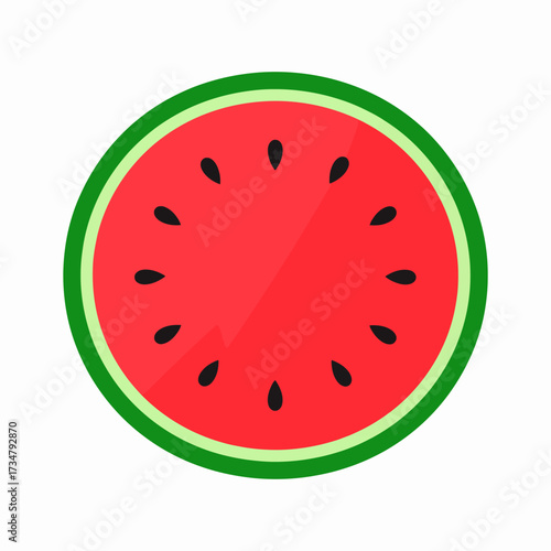 A vibrant, cross-section illustration of a juicy, ripe watermelon, showcasing its refreshing red flesh and black seeds within a green rind, perfect for summer themes