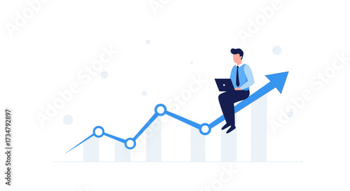 Business Analysis: Man On Growth Arrow Using Laptop Shows Positive Economic Trend