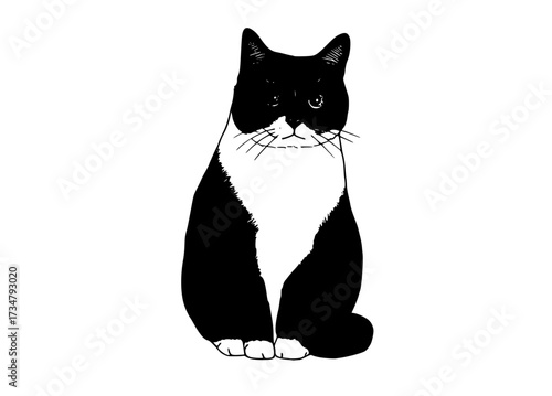 a black and white cat with green eyes sitting downblack, cat, eye, green, sit, stare, white 