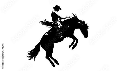 a silhouette of a cowboy riding a bucking horseback, black, cowboy, cowboy hat, horse, horseback, jump, lasso, man, profile, ride, rodeo, sun hat 