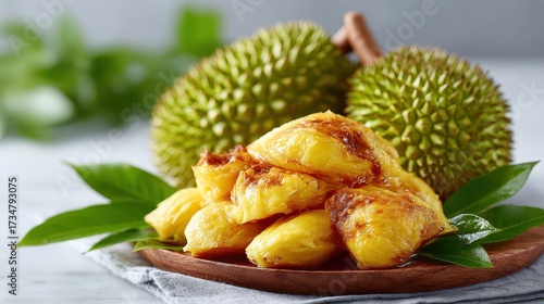 Fresh Durian Fruit Pieces on Wooden Plate with Whole Durians in Background