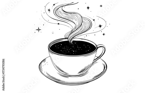 a black and white drawing of a cup of coffee with steam rising from itbeverage, black, coffee, coffee cup, cup, draw, hot, illustration, liquid, saucer, star, steam 