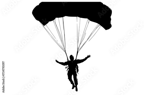 a silhouette of a person jumping with a parachuteman, parachute, paratrooper, person, profile, sky 