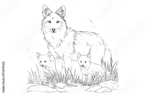 a large wolf and two small fox cubs in a grassy areaanimal, cub, den, drawing, grass, illustration, lamb, stand, stone 