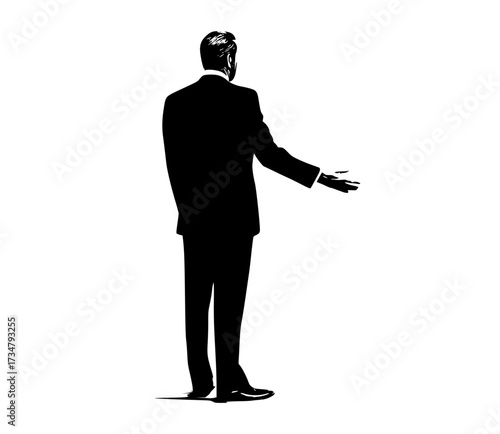 a silhouette of a man in a formal suit extending his hand towards somethingblack, business suit, businessman, hand, man, profile, stand, suit 