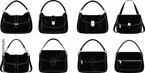 Handbags, shoulder bags, crossbody bags, fashion purses, women’s handbags, leather bags, black silhouette, vector illustration, isolated icons, modern design, stylish bag, women designer bag, 