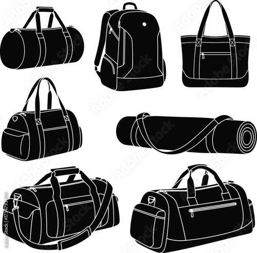 Travel bags, duffel bags, backpack, tote bag, yoga mat bag, luggage illustration, sports gear bag, vector silhouette, isolated icons, design
