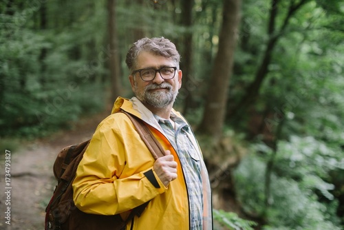 Happy man hiking through green forest path