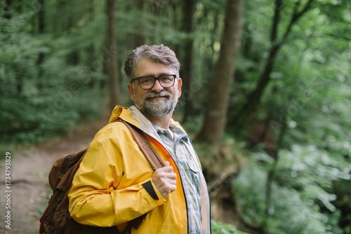 Mature man hiking in forest wearing raincoat