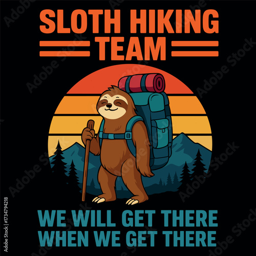 Sloth Hiking Team Funny Retro Sunset Backpacking Outdoor Adventure Design