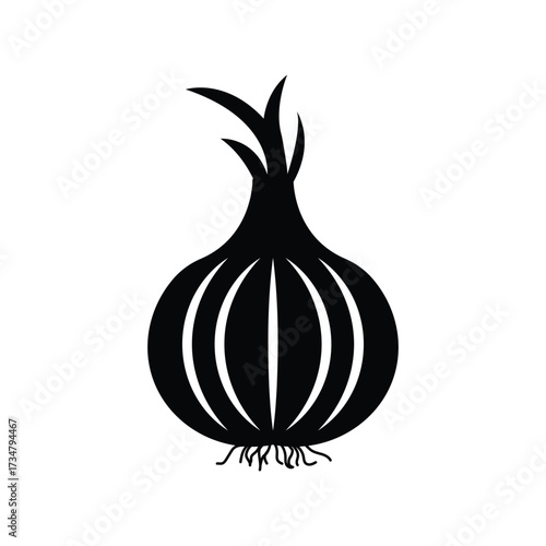 Bold Black and White Onion Silhouette Icon with White Layers and Roots Detail