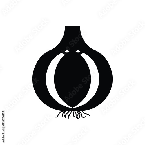 Bold Black and White Onion Silhouette Icon with White Layers and Roots Detail, Minimalist Garlic or Onion Bulb Symbol in Solid Monochromatic Vector Graphic