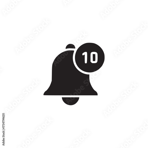 Vector art of a simple black notification bell icon with the number 10, representing alerts, updates, or reminders in a minimalist and modern design, perfect for user interface and graphic design proj