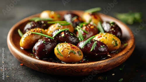 Delicious Olives with Herbs on Wooden Plate, Mediterranean Appetizer