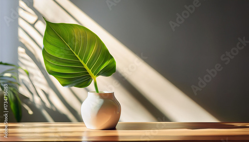 Single Philodendron Leaf In White Vase Sunlit