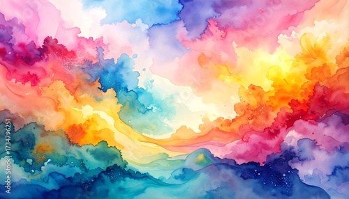Fototapeta Naklejka Na Ścianę i Meble -  A vibrant, abstract watercolor painting displays a dynamic, colorful sky filled with swirling hues of yellow, orange, pink, blue, and purple.