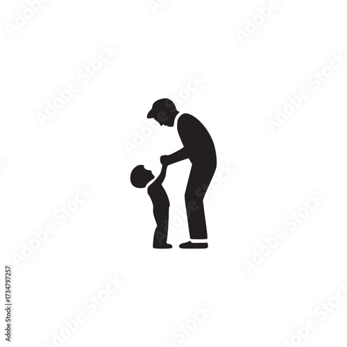 Vector art of silhouette of a father holding his childs hands, this minimalist vector illustration captures a tender moment between parent and child, symbolizing love, guidance, and family bonds