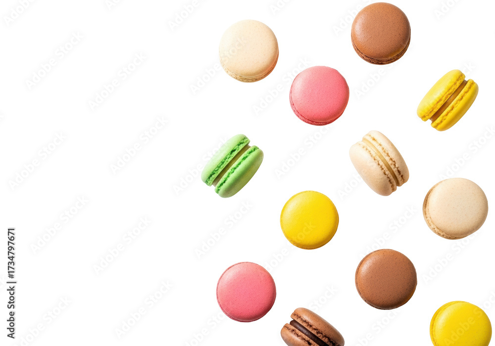 Obraz premium Overhead shot of vibrant green, pink, yellow, chocolate, beige French macarons with colorful sprinkles on white background, copy space left, macro detail. Concept of sweet indulgence