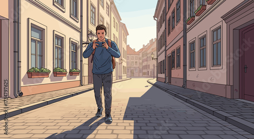 Illustration of a tourist man taking photos in european city street with buildings and cobblestone road view