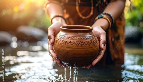 Woman Holding Decorative Pot Over Flowing Water Outdoor