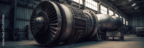 Large industrial turbine system in a dark factory hall with ambient cinematic lighting