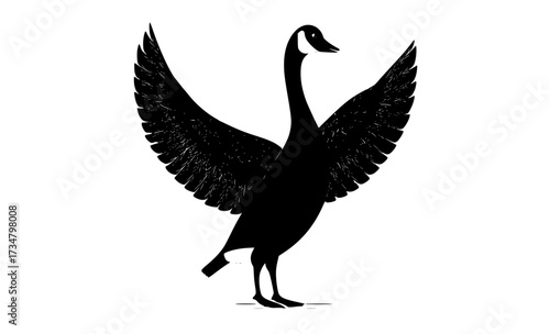 a black and white silhouette of a goose with its wings spreadbeak, bird, black, crane, flap, flight, floor, goose, illustration, profile, spread, stand, white, wing 
