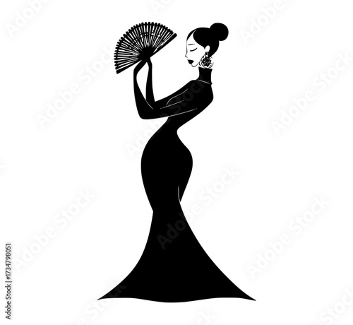 a silhouette of a woman in a long dress holding a fanbeautiful, black, catch, dress, evening dress, fan, geisha, hand, illustration, profile, woman 
