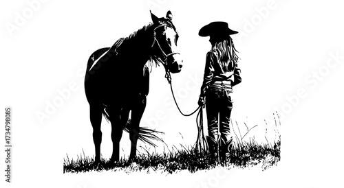 a silhouette of a girl standing beside a horse in a grassy fieldblack, bridle, cowboy, cowboy hat, horse, lasso, leash, man, profile, rein, stand, sun hat, woman 