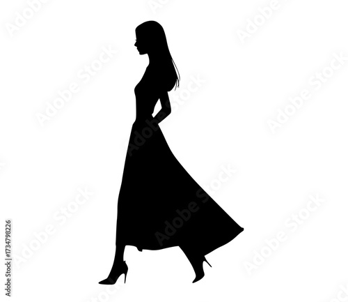 a silhouette of a woman walking in a long dressbeautiful, black, dance, dress, evening dress, girl, profile, stand, walk, woman 