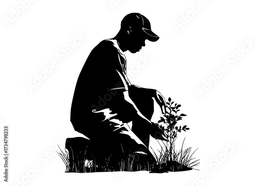 a silhouette of a man kneeling and planting a treebaseball hat, black, floor, flower, gardener, grass, illustration, land, man, plant, profile, shovel, squat, tool, tree, weed 