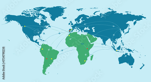 Global air travel routes and destinations world map showing international flight connections network