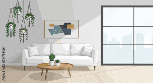 Modern living room interior design with white sofa hanging plants and geometric art for home decor ideas