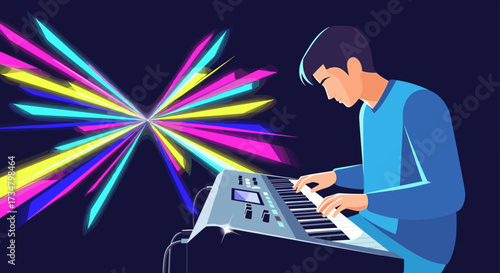 Illustration of a musician playing keyboard synthesizer with colorful light burst background design
