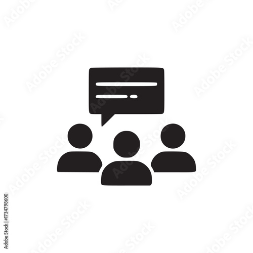 Vector art of a group of three people are having a discussion, represented by a speech bubble with lines inside, this simple black icon conveys communication, teamwork, and collaboration in a minimali