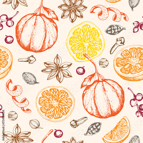 Orange and lemon slices with spices pattern