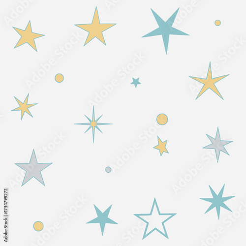 Charming Abstract Starry Sky Pattern with Playful Dots in Soft Blue, Yellow, and Grey Hues, Ideal for Festive Decorations, Child's Room Decor, or Whimsical Background Designs