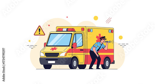 Emergency medical service illustration featuring an ambulance and a paramedic blowing a whistle