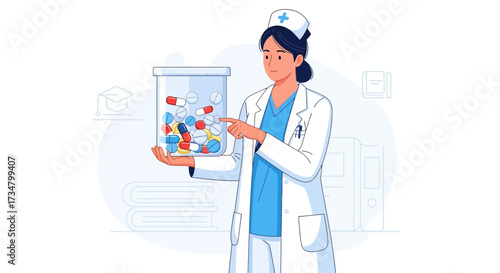 Female doctor holding a bottle of pills in hand pointing at it medical cartoon illustration