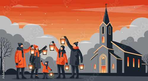 Family tradition and togetherness during winter holidays illustrated scene vector