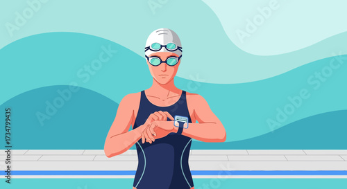 Female swimmer checking her smartwatch before swimming in the pool a digital drawing with a