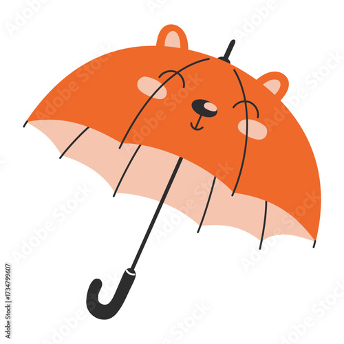 Orange umbrella with a cartoon bear face design